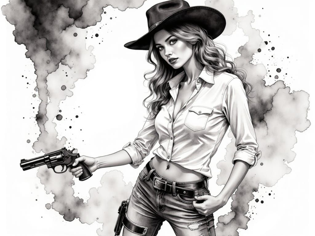 Stylish Western Woman with Revolver in Black and White