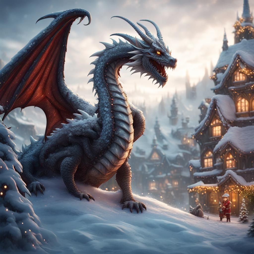 Christmas Snow Dragon in Detailed Matte Painting