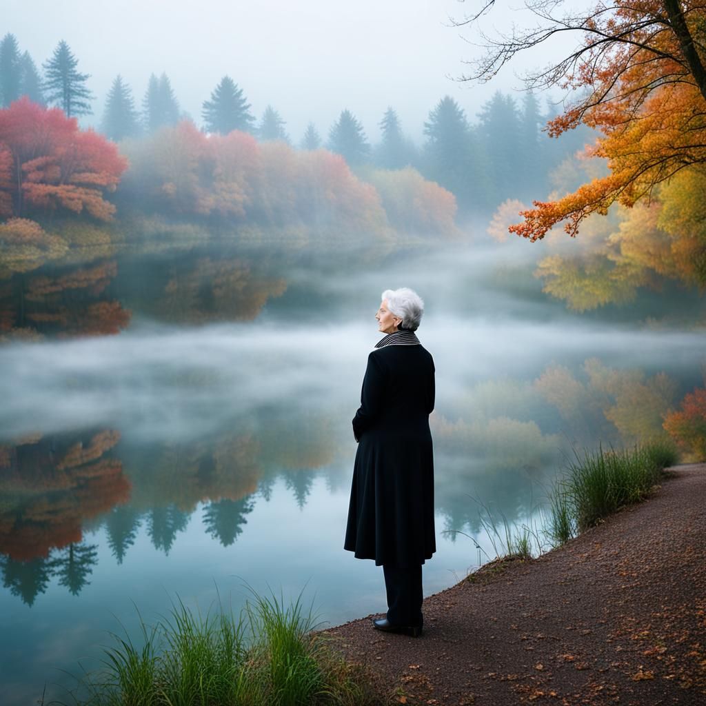 Foggy Autumn Pond Scene in Painterly Style