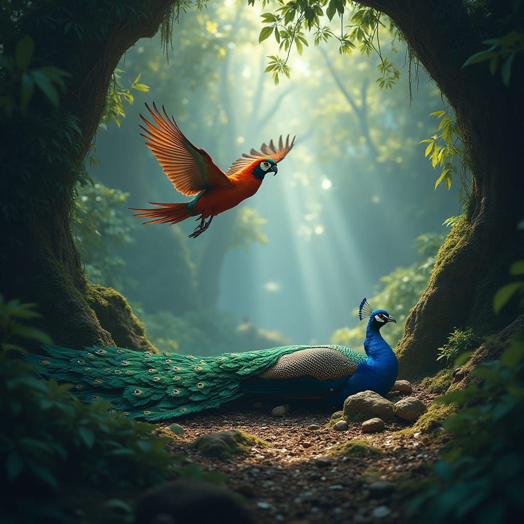 Exotic Parrot Descends on Injured Peacock in Ancient Forest