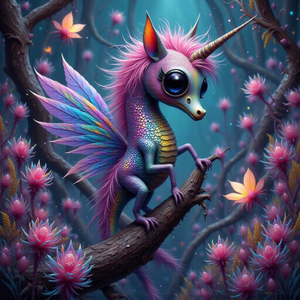 Rainbow Seahorse with Wings in Bioluminescent Cave