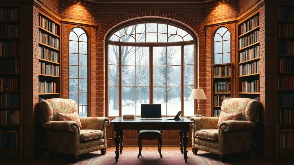 Victorian Library with Snowy Landscape Oil Painting