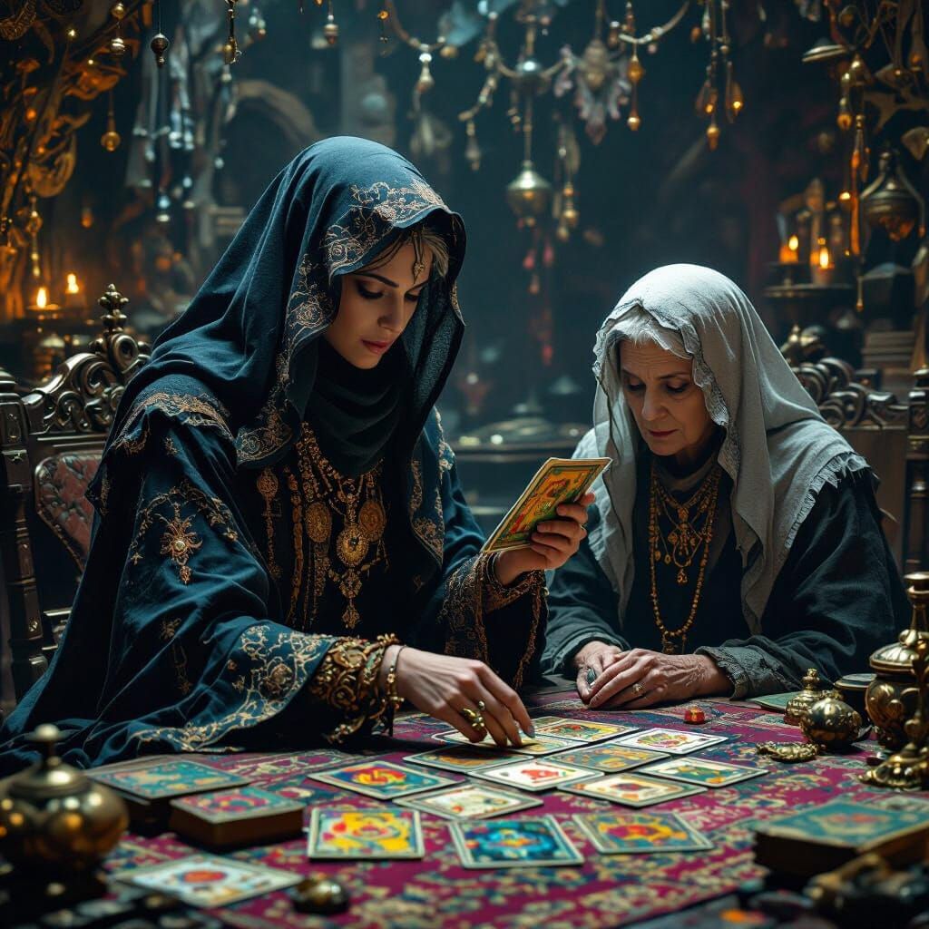 Mystical Seer Reading Tarot Cards in Victorian Chamber