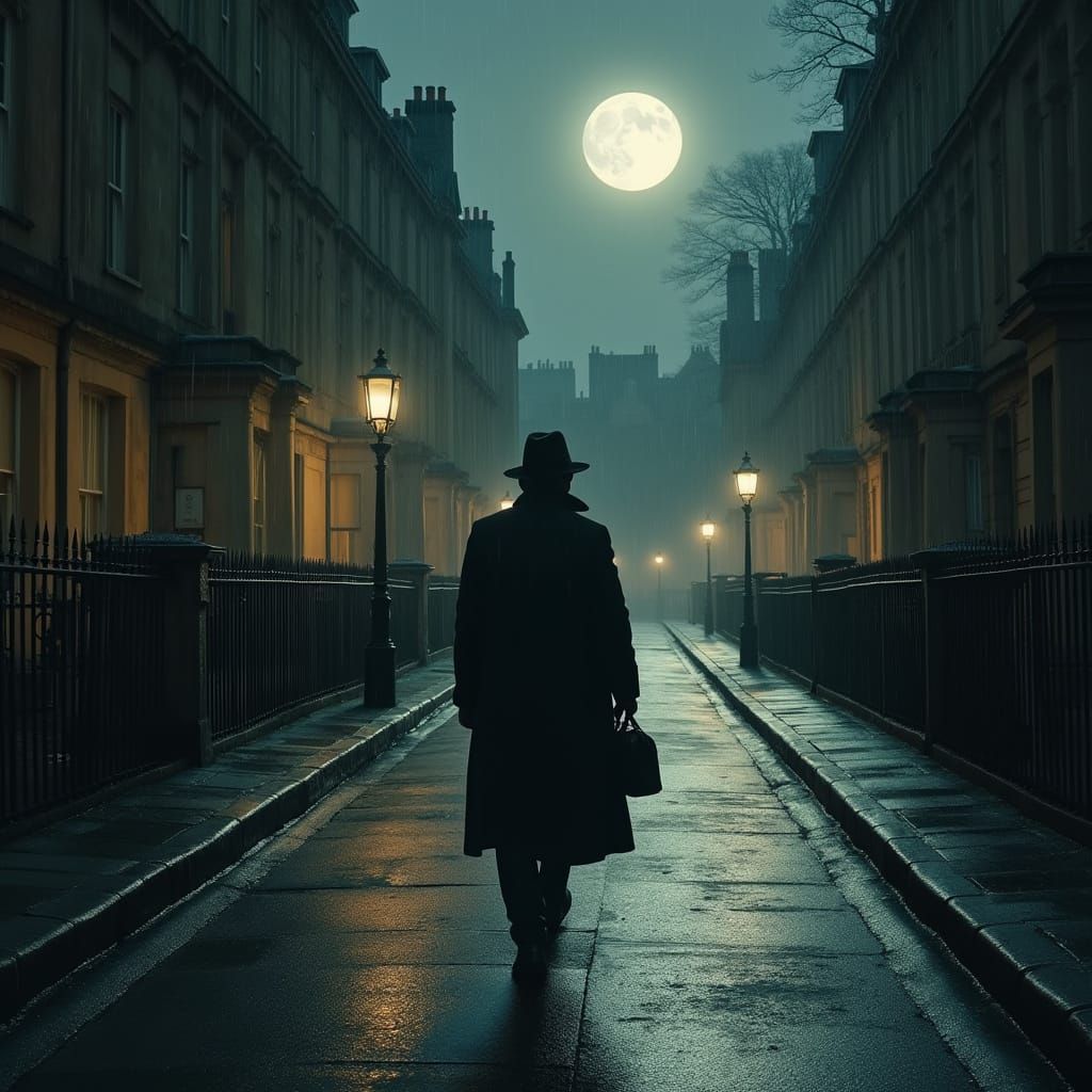 Elegant Georgian Street at Night Under a Bright Moon