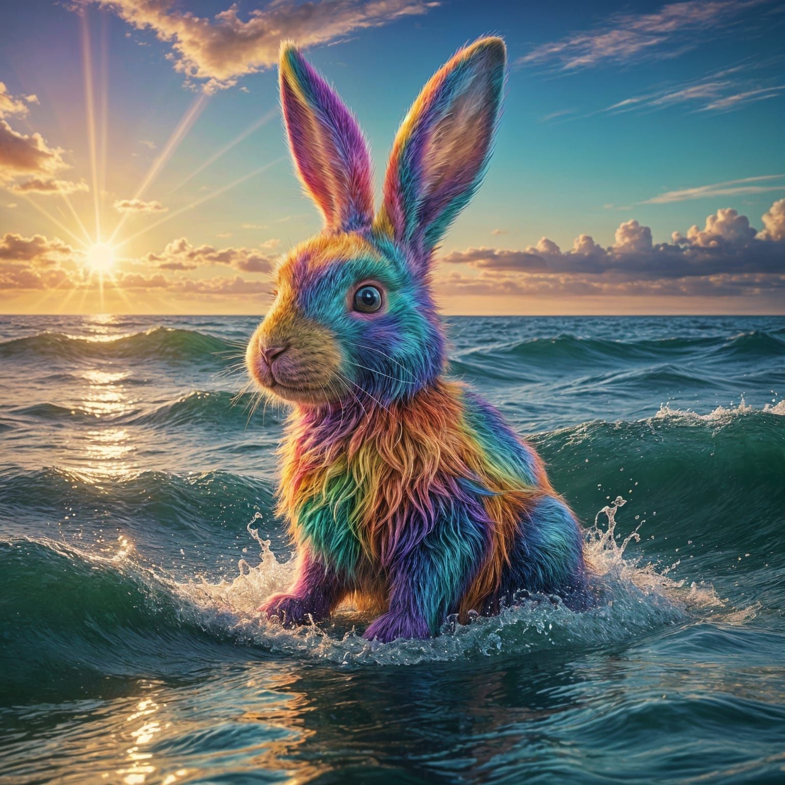 Psychedelic Easter Bunny Rises from the Ocean in Vibrant Col...