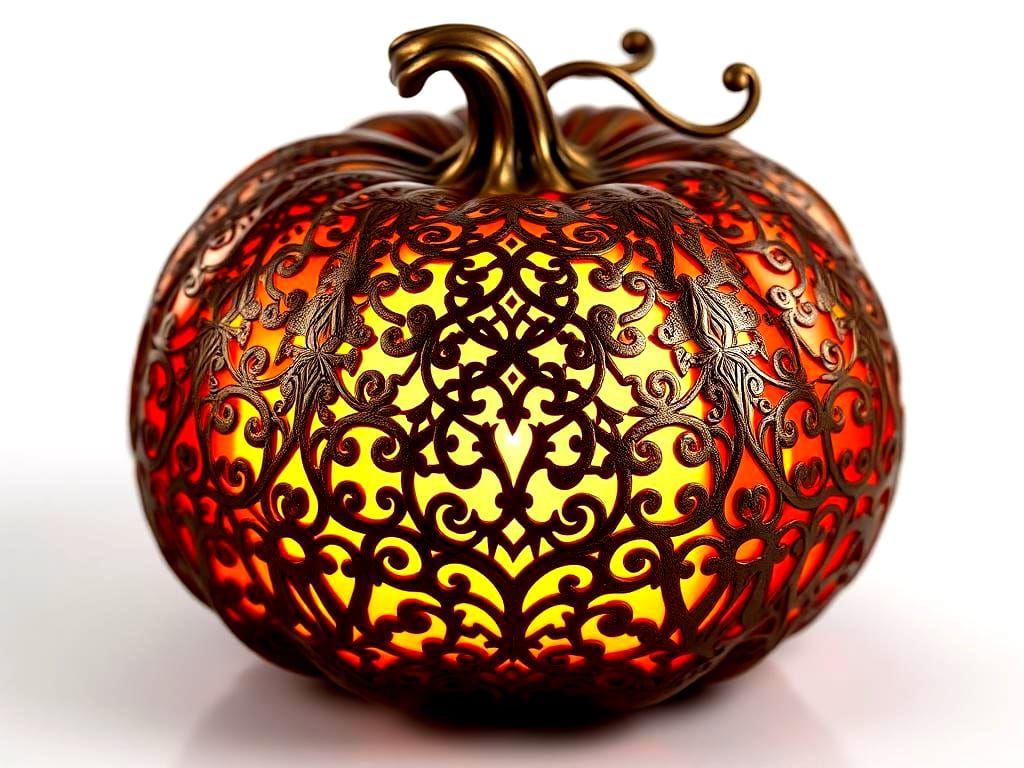 Intricate Bronze Pumpkins with Fractal Filigree Design