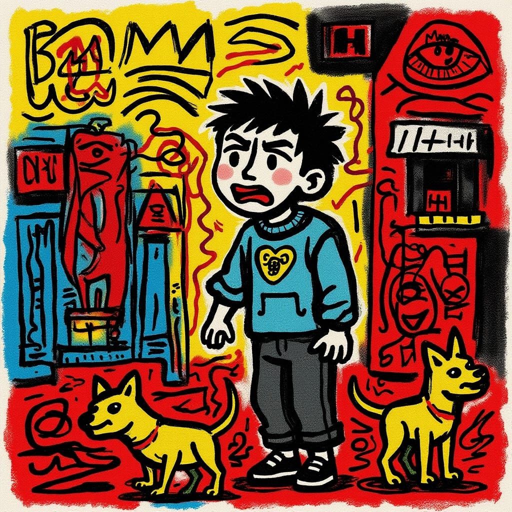 Boy and Dog in Urban Landscape as Neo-Expressionist Art