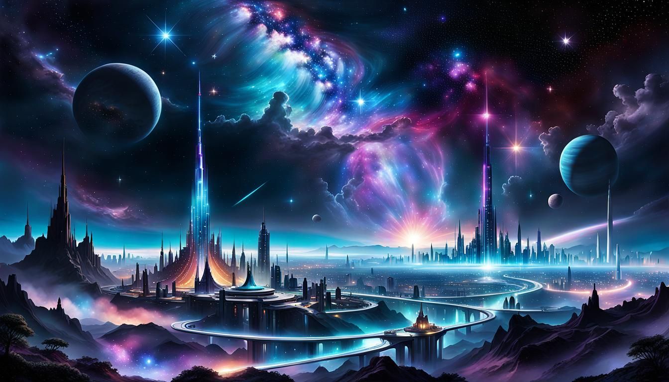 Magical Mystical Landscape with Futuristic City