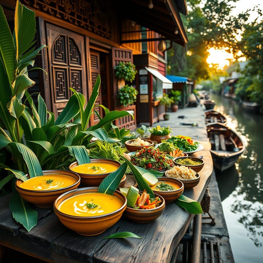 Abundant Thai Cuisine by Tranquil Canal at Sunset