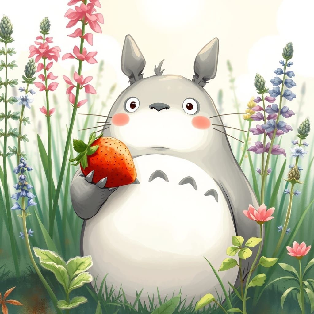 Totoro with Strawberry in Whimsical Anime Style