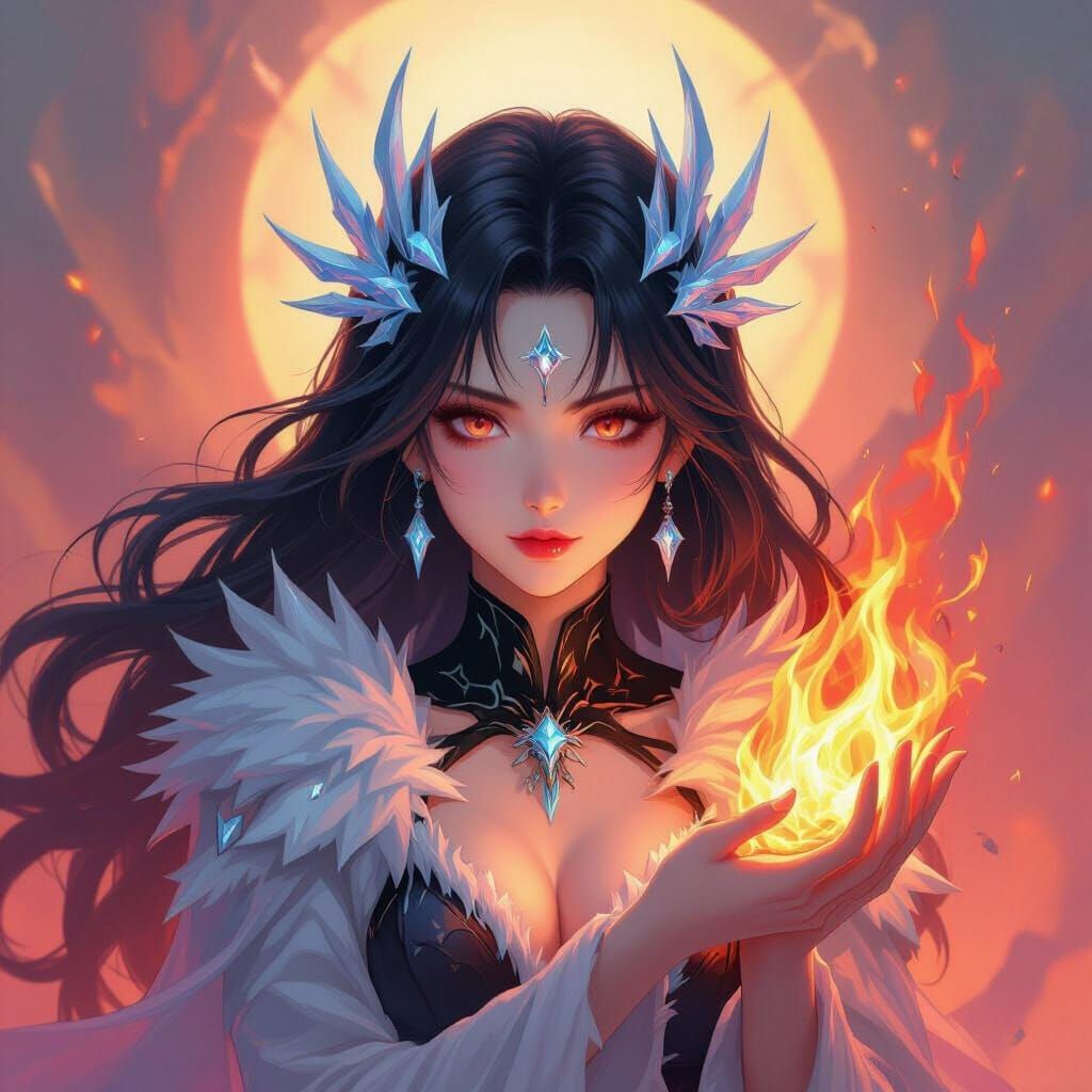 Anime Goddess of Ice and Fire in Painterly Style