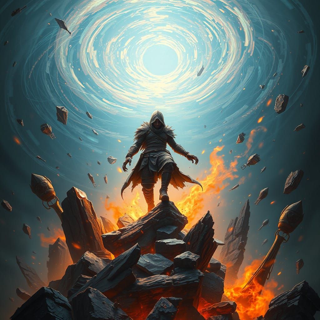 Hero Ascends Through Swirling Chaos in Fiery Vortex