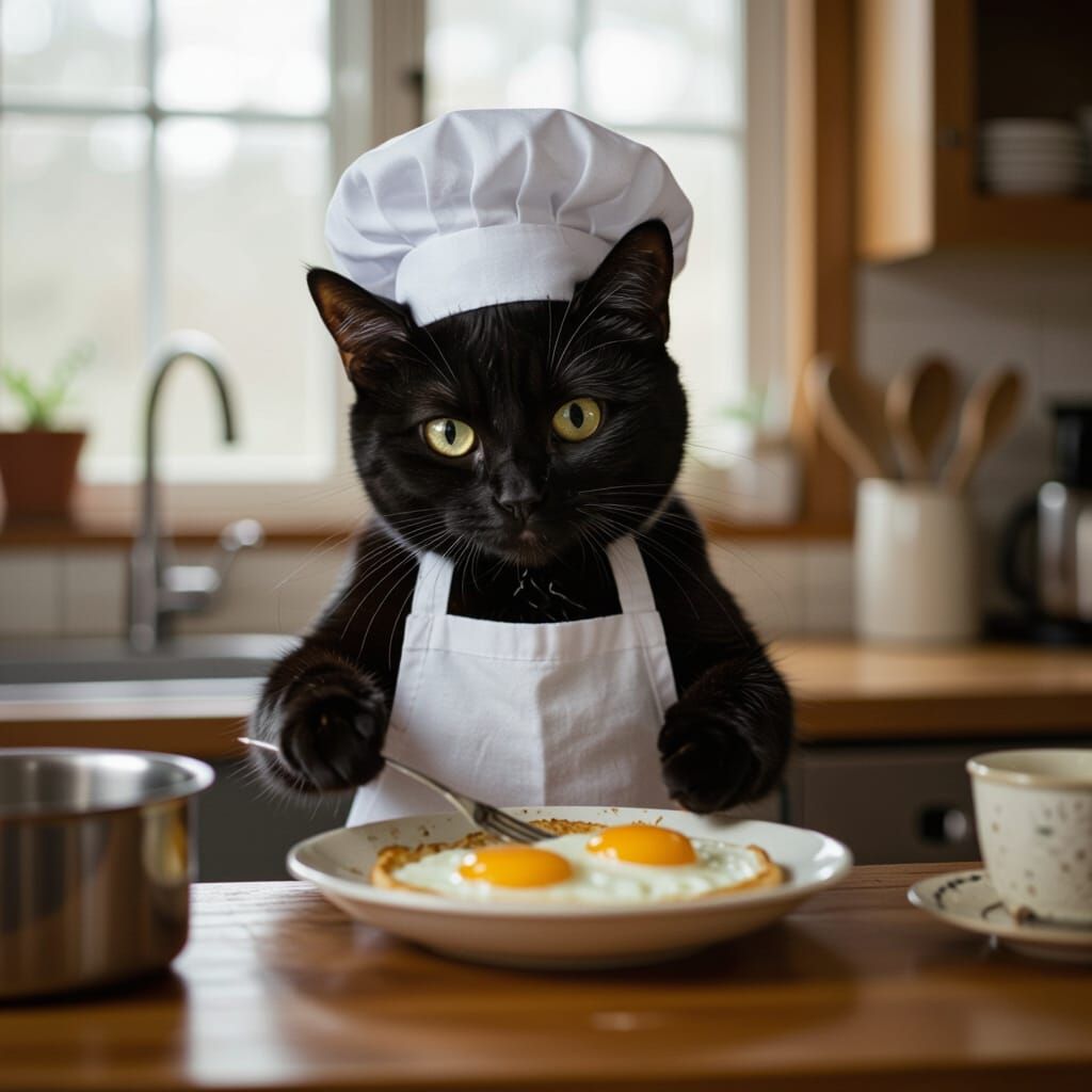 Black Cat Chef Cooking Breakfast in Cozy Kitchen