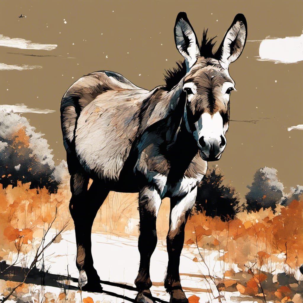 Donkey in Autumn Woodland with Cosmic Sky