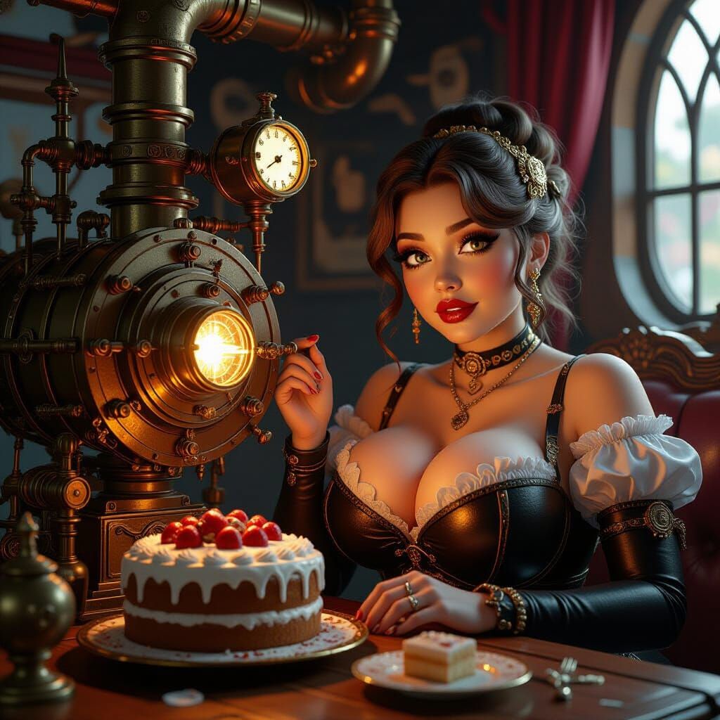 Steampunk Engine & Woman with Full Belly Digital Painting