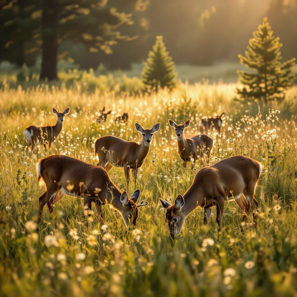 Deer Herd Grazing in Sunlit Meadow