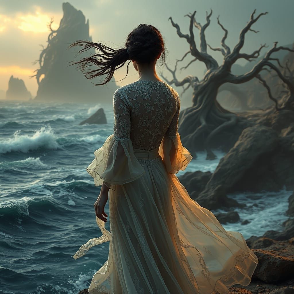 Mysterious Avant-Garde Figure on Windswept Seaside