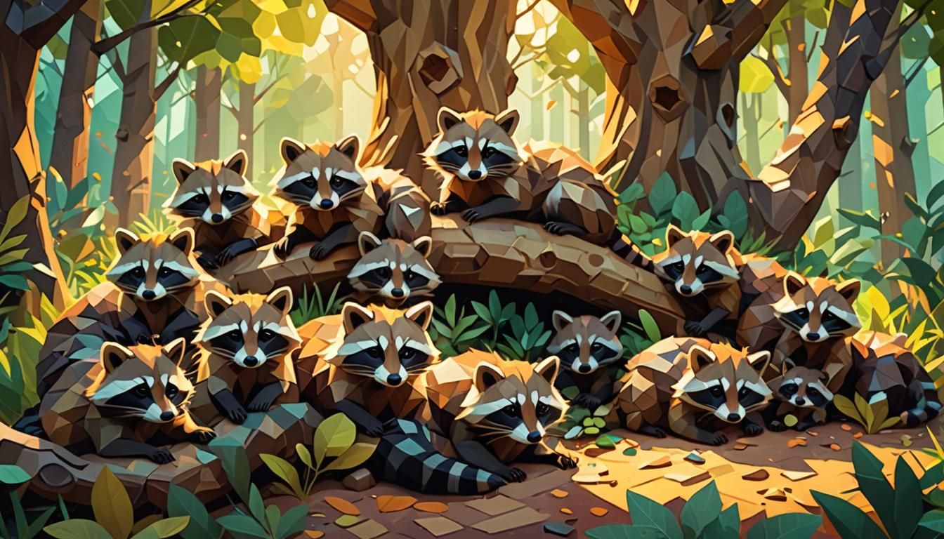 Ancient Tree with Sleeping Raccoons: Whimsical Low-Poly Art
