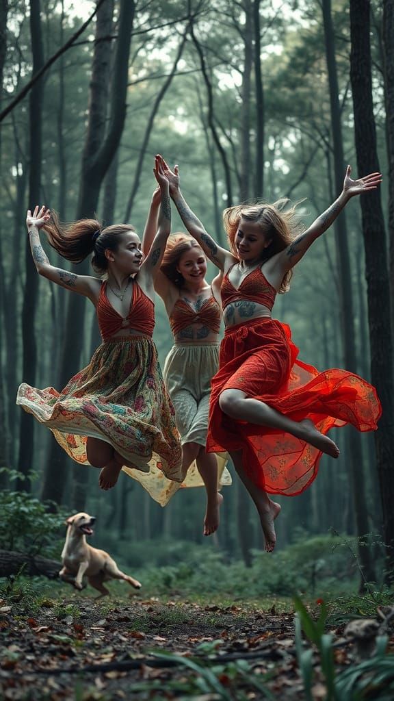 Girls Dancing in Forest with Tattoos, Cinematic Style