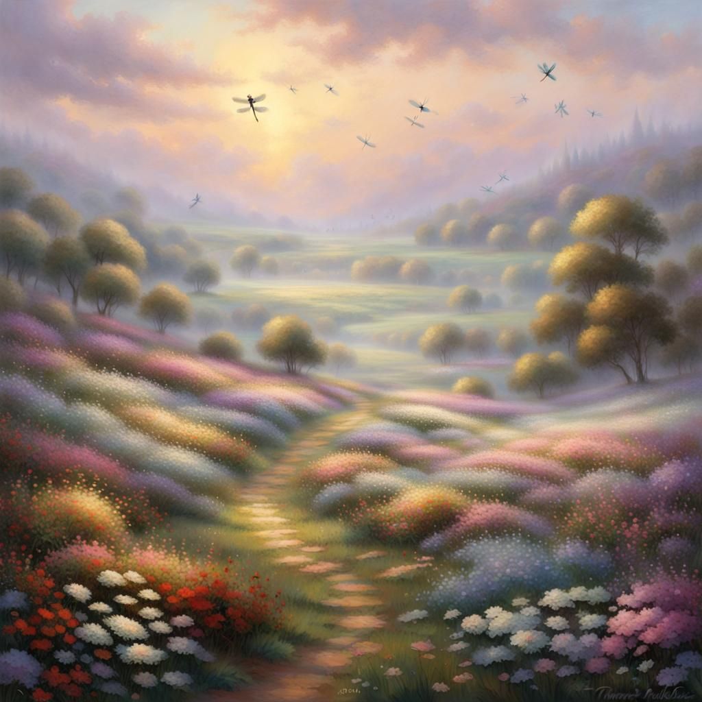 Ethereal Flower Field with Dragonflies in Luminist Style