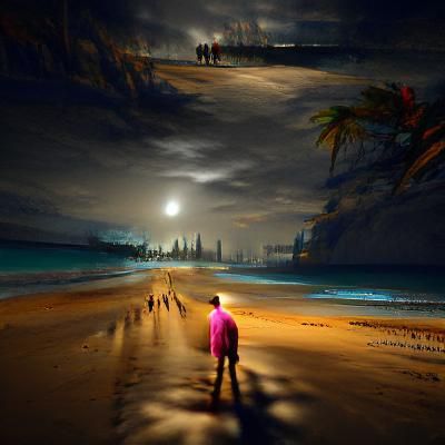Lonely Night Walk on the Beach in Hyperrealism