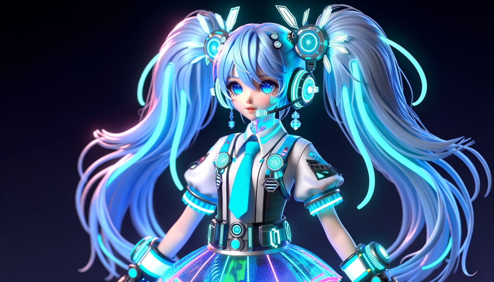 Glowing Digital Idol in Neon Twintails