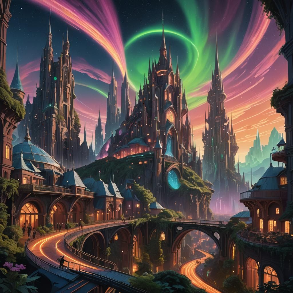 Glowing Cityscape with Aurora in Fantasy Concept Art
