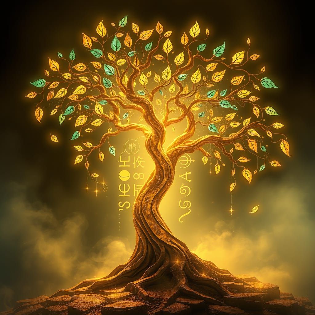 Ethereal Tree with Art Nouveau Curves and Shimmering Leaves