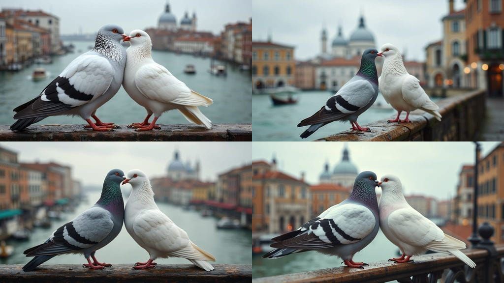Romantic Venice Pigeons Kissing in Soft Light