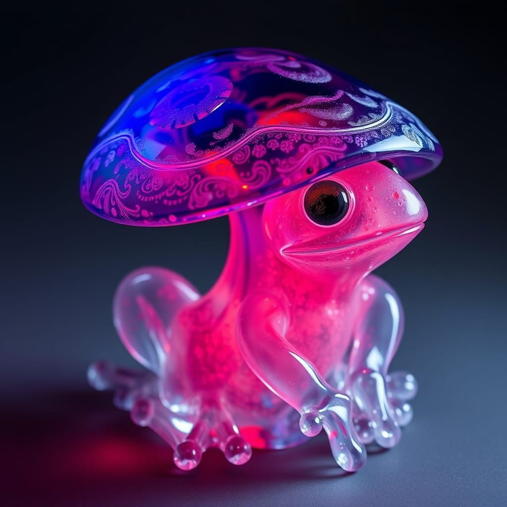 Luminous Glass Sculpture of Mushroom Frog Hybrid