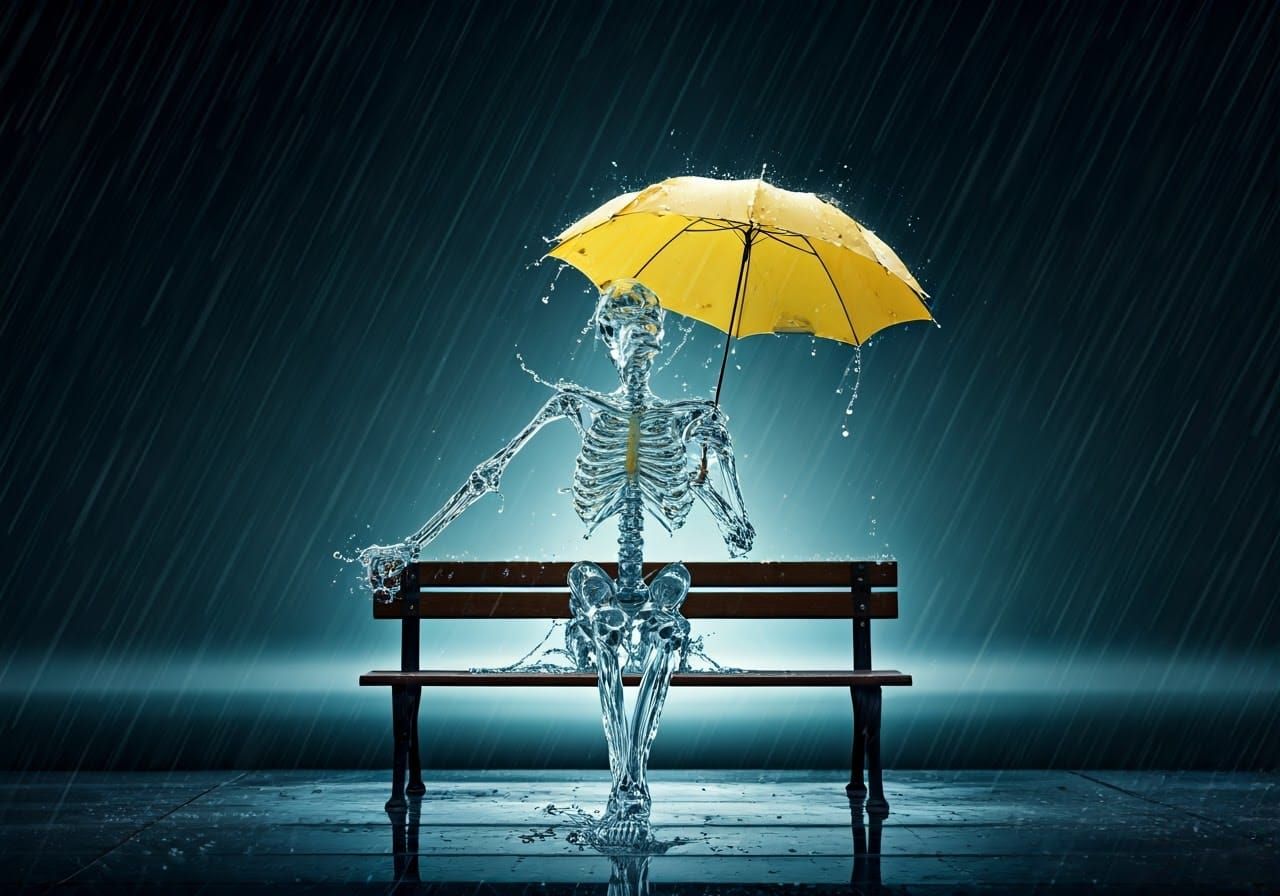 Skeletal Figure Waits in the Rain Under a Yellow Umbrella
