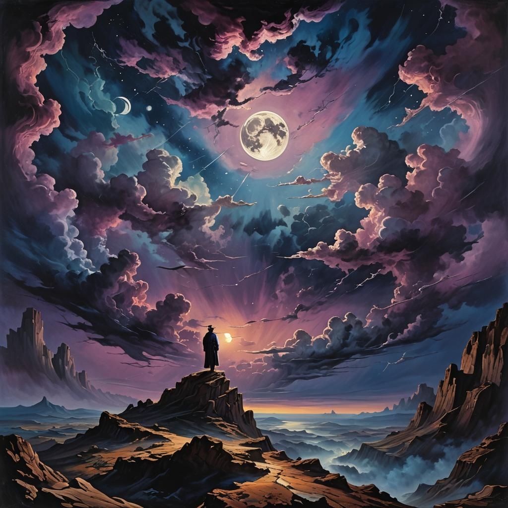 Mystical Dark Fantasy Art: Celestial Silhouettes at Midnight