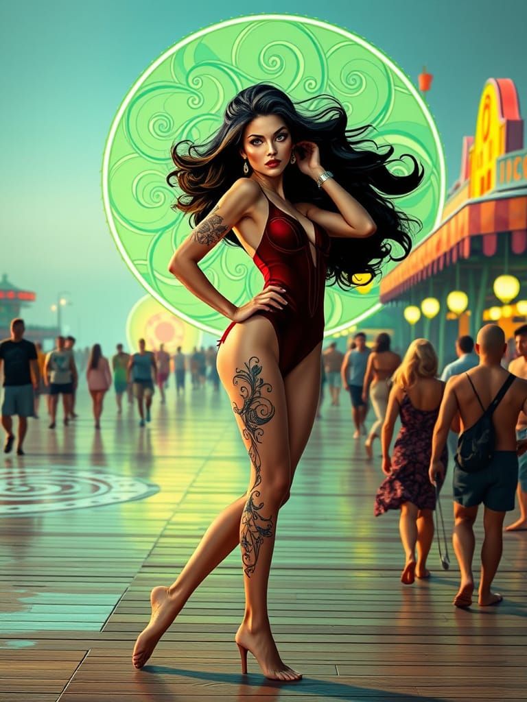 Art Nouveau Woman on Boardwalk in Jewel Tones