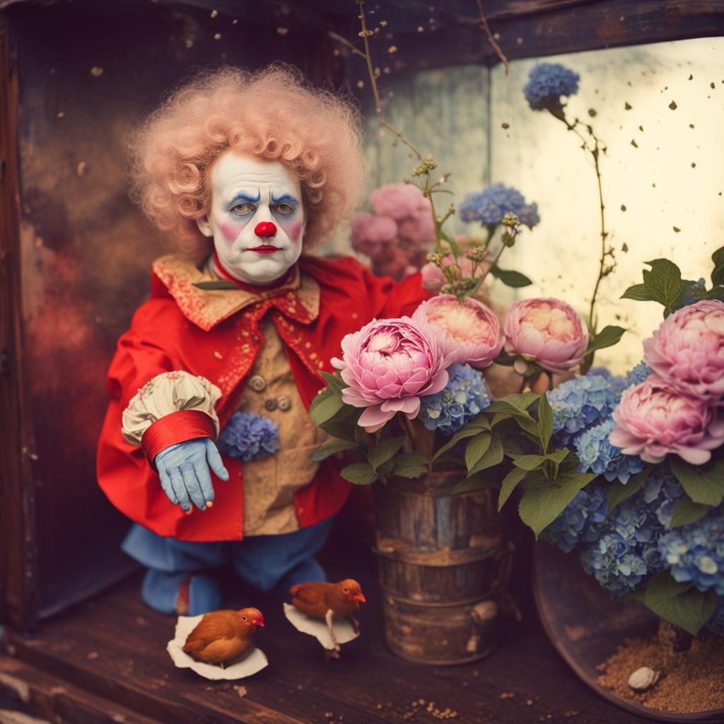 Melancholic Clown in Terrarium, Alphonse Mucha Style