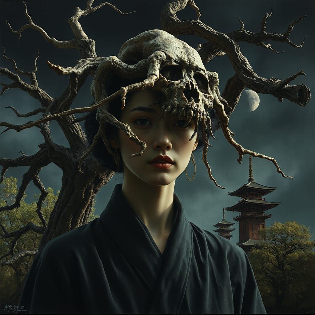 Surreal Biomechanical Japanese Woman in Dark Landscape