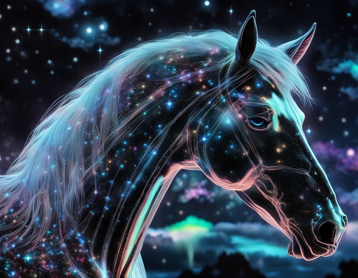 Bioluminescent Crystal Horse in Galaxy Night Sky