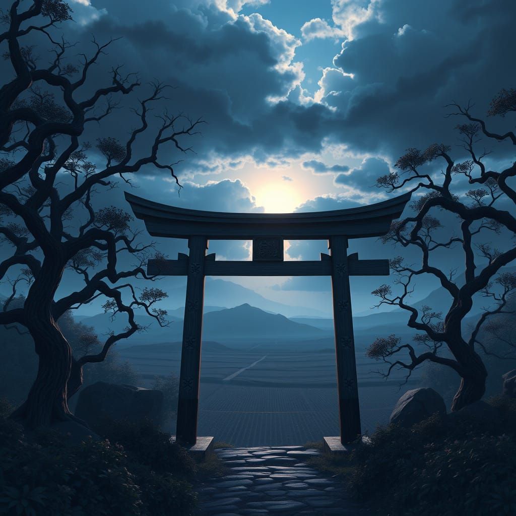 Mystical Japanese Gate in Stormy Landscape Reimagined in Dar...