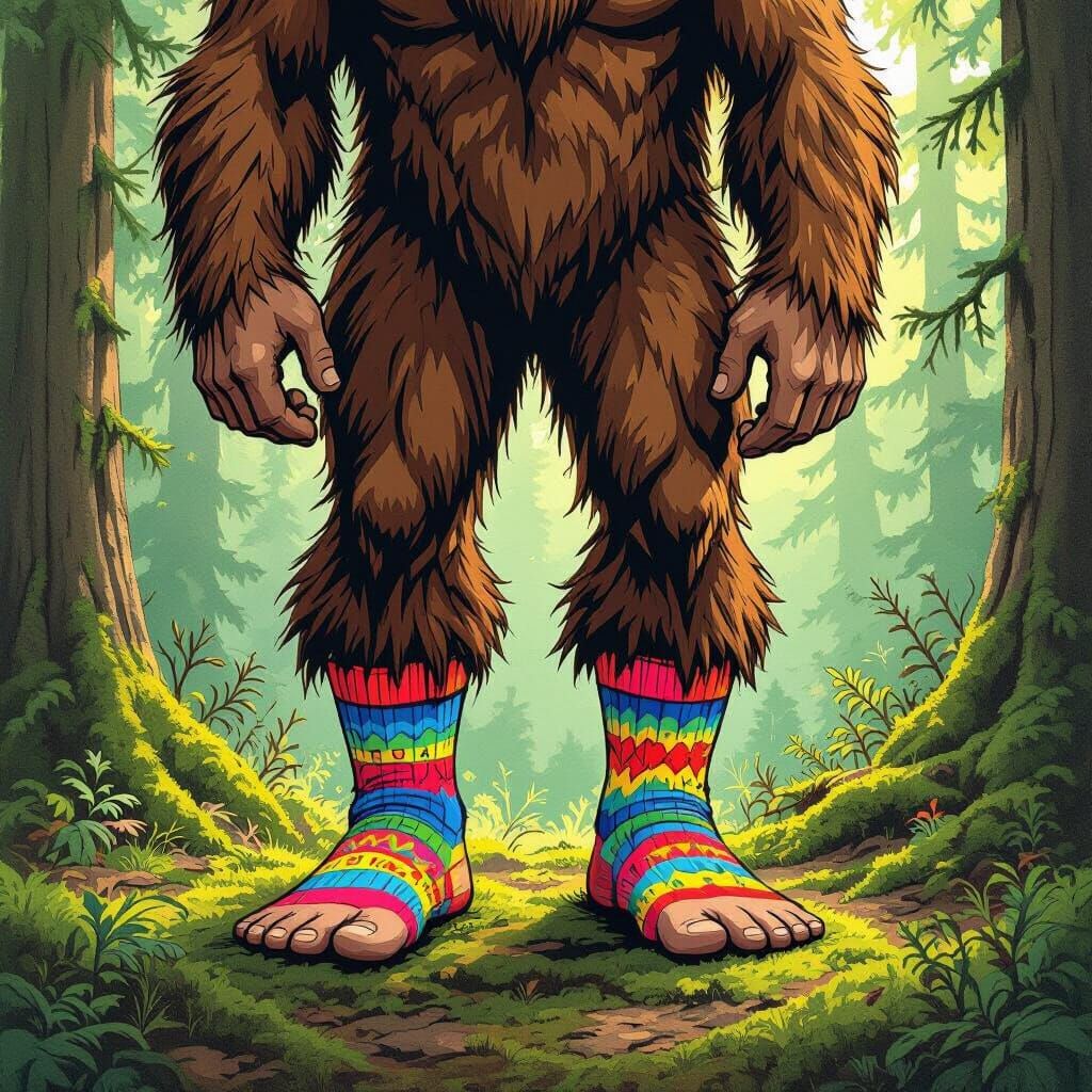 Bigfoot Wearing Patterned Socks in Forest