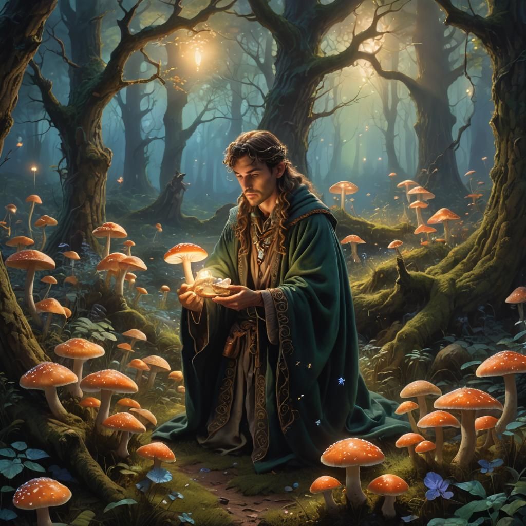 Druid Picking Luminous Mushrooms in Moonlight