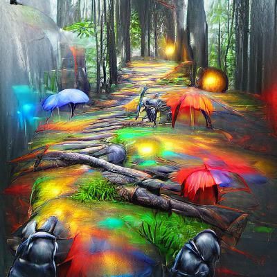 Colorful Rainy Forest Path in Volumetric Lighting