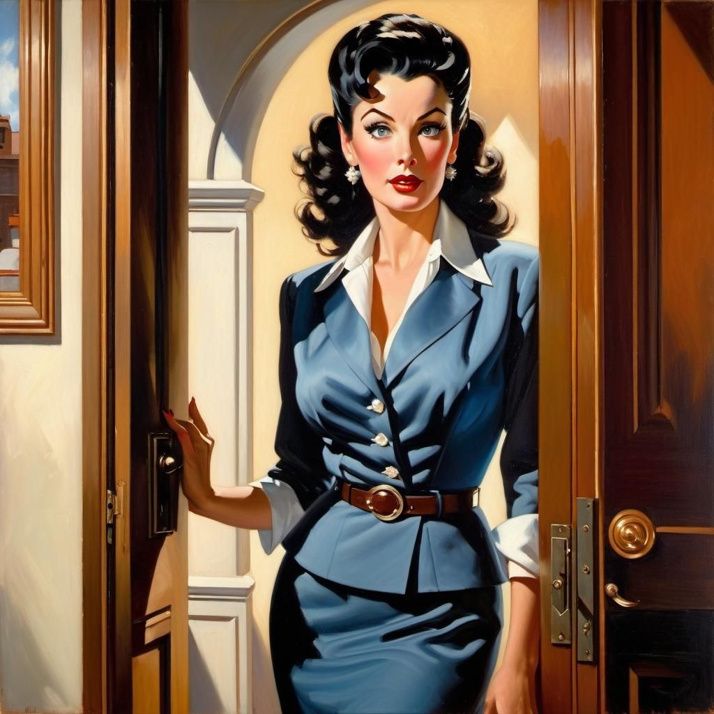 Elegant Woman in Doorway, Impressionistic Oil Painting