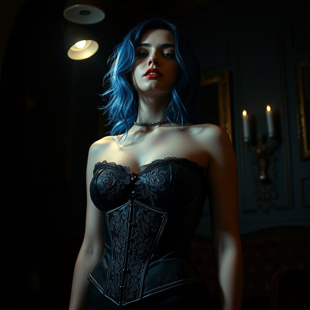 Blue-Haired Woman in Corset in Victorian Boudoir
