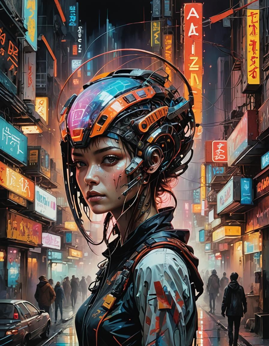 Neon Signs in Futuristic Cityscape, Hyperrealism