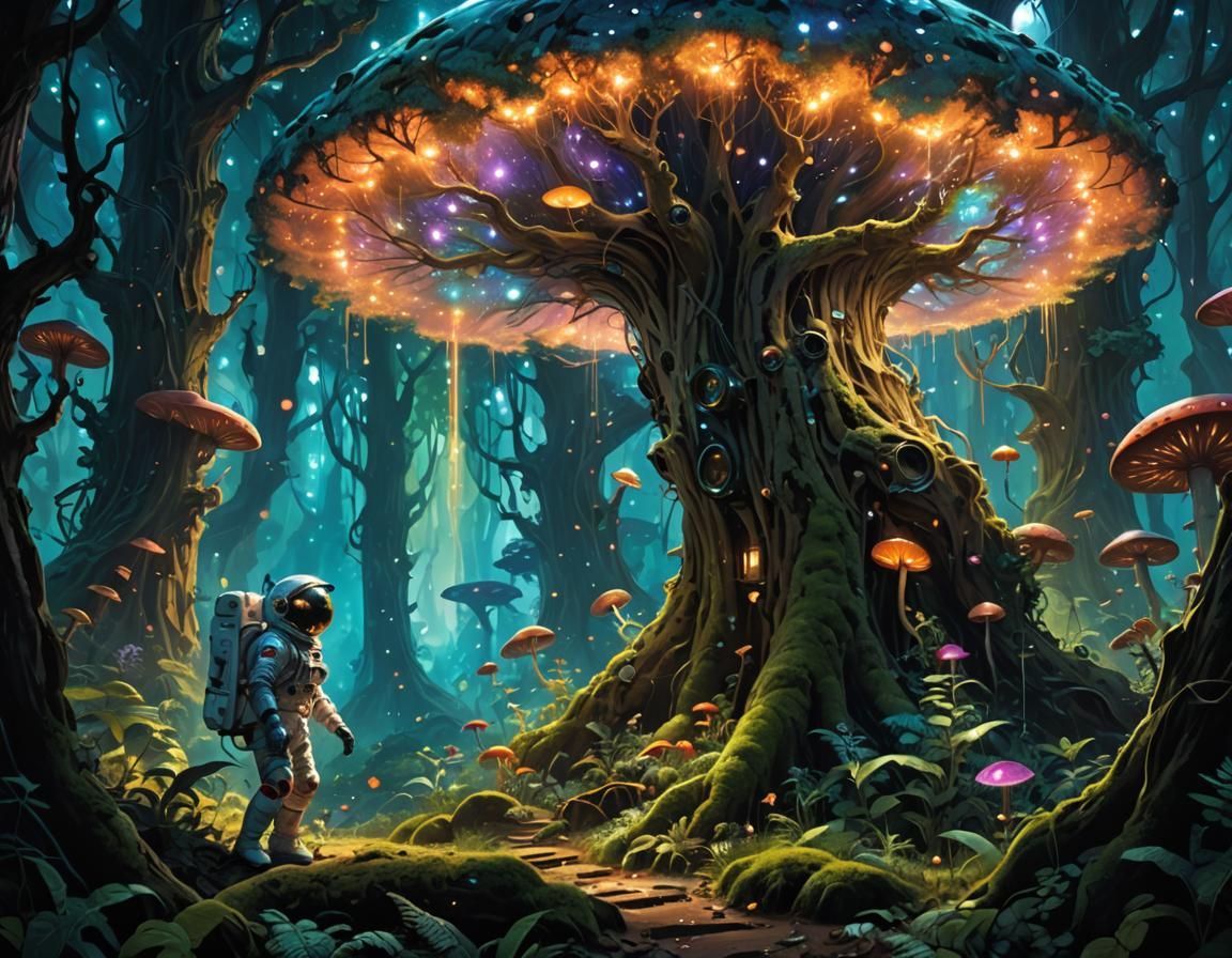 Discovering an Alien Planet, amidst a whimsical forest, glow...