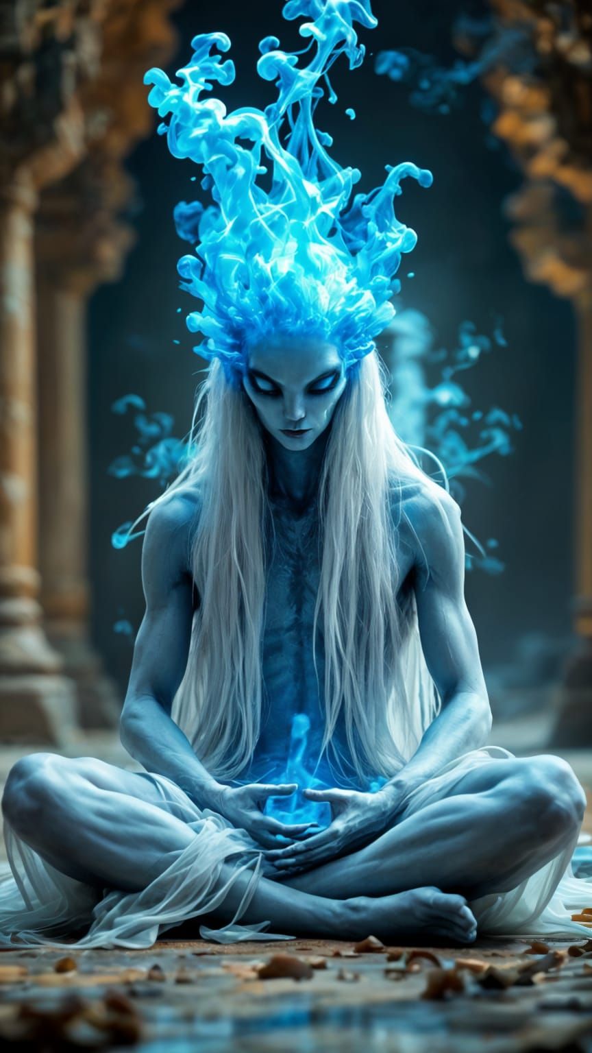 Ethereal Smoke Being Meditates in Ancient Temple