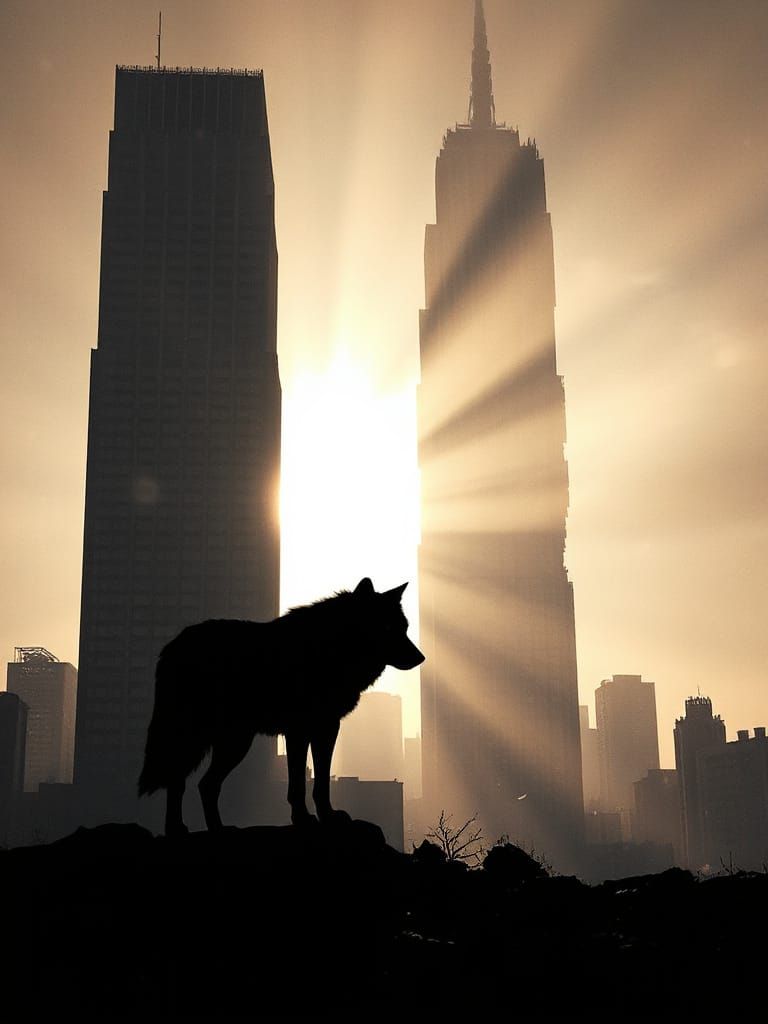 Ancient Wolf Silhouetted Against Crumbling Art Deco Skyscrap...