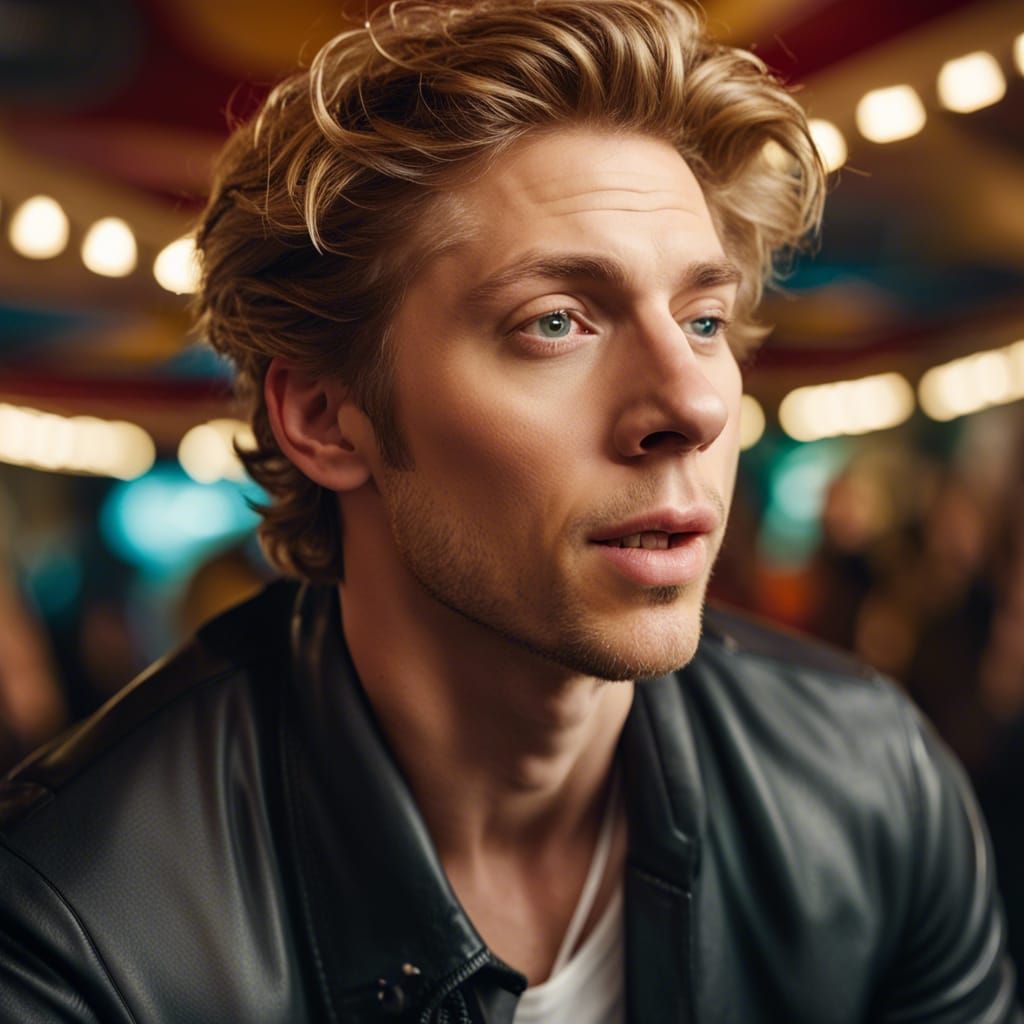 Close-Up Portrait of Singer with Carousel Background
