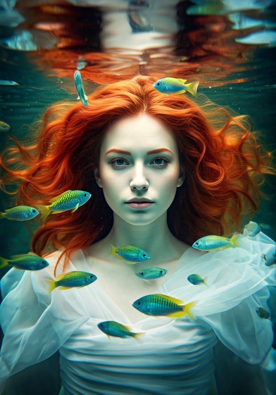 A Woman in a Dreamy Oceanic Scene with Vibrant Orange Hair a...
