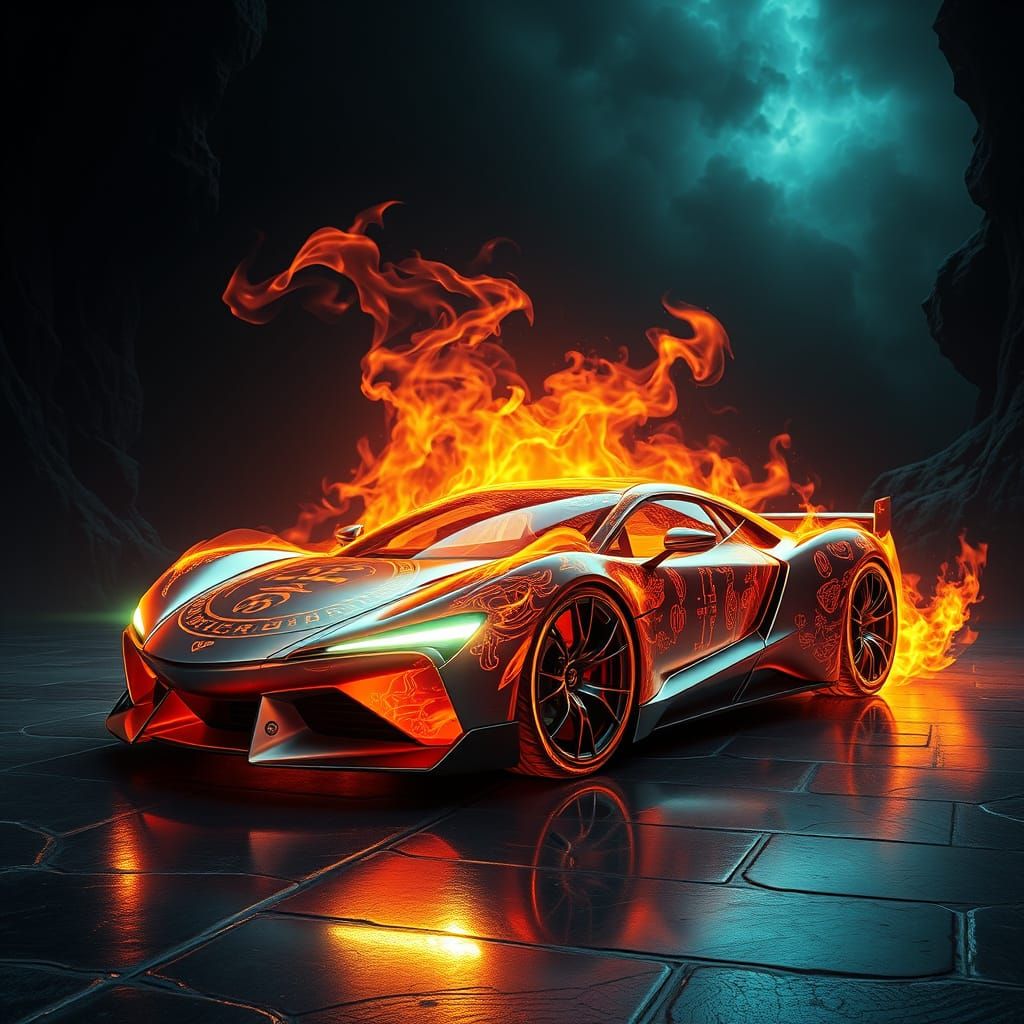 Sleek Futuristic Sports Car Engulfed in Swirling Flames