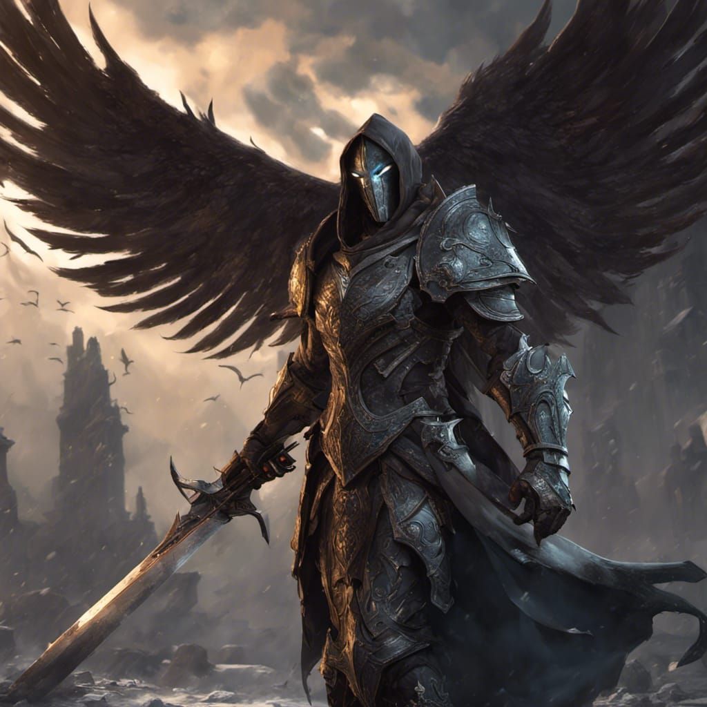 Dark Winged Paladin with Sword in Hyperdetailed Fantasy Art